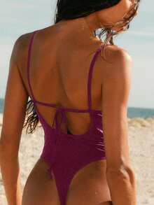 Swim Chiccia 女士纯色简约日常连体泳衣 - 酒紅色 - 查看 2