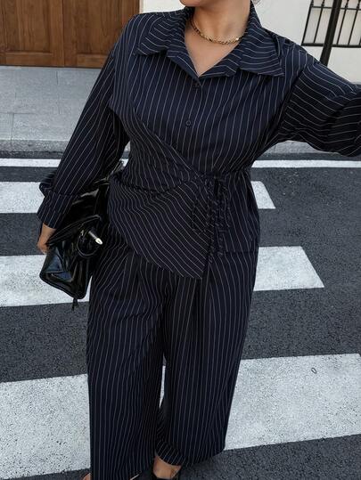 Dazy Plus 2pcs Plus Size Women Striped Casual Outfit, Tie-Waist Collared Shirt Top And Long Pants Set