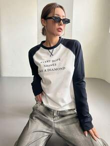 DAZY 标语图案撞色插肩袖T恤，EVERY HOPE SHINES LIKE A Rhinestone 女式长袖针织上衣 - 彩色 - 查看 4