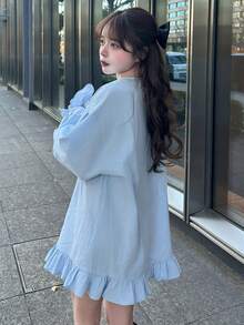 FRIFUL Women's Solid Color Minimalist Long Sleeve Shirt, Casual Everyday Wear - Blue - View 3