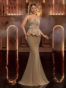 Glamrae 优雅奢华的串珠亮片刺绣花卉拼接弹力针织美人鱼裙，适合婚礼、派对、度假、盛大晚宴、晚礼服（重工装饰） - 咖啡棕 - 查看 8