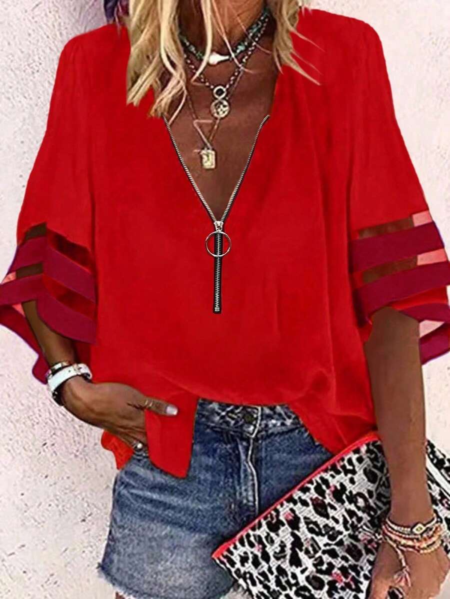 SHEIN LUNE 女士纯色前拉链 3/4 袖宽松休闲衬衫 - 紅色 - 查看 1