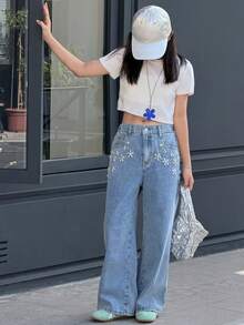 DAZY 少女水钻装饰牛仔裤 - 藍色 - 查看 2