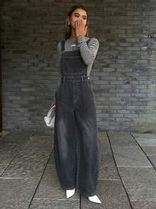 DAZY 西部牛仔风宽松做旧背带裤，休闲街头风牛仔背带裤/连体裤，女士春秋季款 - 灰色 - 查看 5