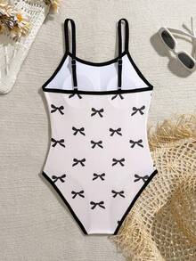SHEIN Tween Girl Bow Tie Print One-Piece Swimsuit, Summer Beach Vacation One Piece Swimsuit Bow Bathing Suit Swimsuit With Bows Bow Print Swimsuit Kids Bathing Suit White Bathing Suit White One Piece Swimsuit Bodysuit For Teen Girl 13 Year Old Girl Swimsuit Girl Swimwear Swimwear For Girls 8 Tweens Swimsuit Bows Kids Swimsuits Bathing Suits For Girls Girl Swimsuits Kids One Piece Swimsuit Tween One Piece Suit - Black and White - View 2