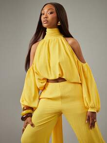 NYA SZN Matching Set (Top & Pant) Top Halter Neck Bubble Hem Long Sleeve Cut Out Crop Top Loose Pant High Waisted Rise Straight Leg Slim Flare Yellow Festive Holiday Spring Break Easter Warm Weather Boho Luxury Chic Event Party Occasion Outfits For Women - Yellow - View 3