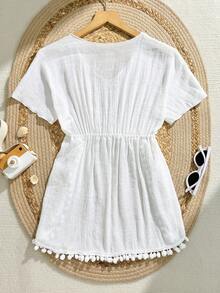 女童白色薄纱雪纺罩衫，白色流苏，时尚可爱，适合夏季、海滩、度假穿着 - 白色 - 查看 2