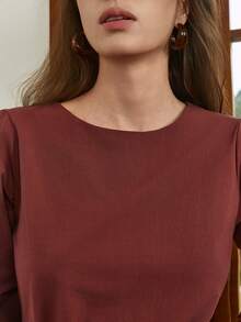 Dazy-Less 女士优雅前系带灯笼袖长连衣裙，秋季商务休闲女式吊带裙 - 棕色 - 查看 4