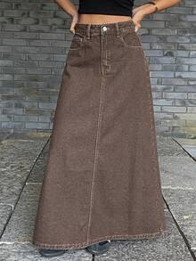 DAZY Women's Regular Waist Long A-Line Skirt, Casual Street & Urban Lifestyle Denim Skirt - Brown - View 2