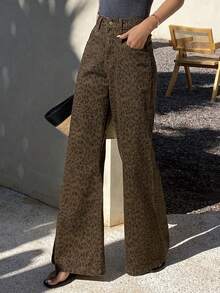 DAZY 女士低腰豹纹休闲哈伦牛仔裤 Y2k - 棕色 - 查看 3