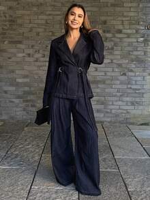 DAZY Women's Denim Jacket With Collar & Waist Cinching, And Loose Wide Leg Jeans Casual 2-Piece Set - Dark Wash - View 4