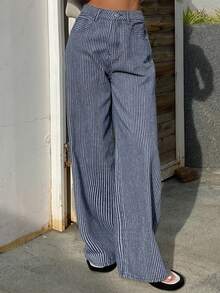 Livesso Women's Loose Casual Straight Leg Jeans, Fashionable Striped Design For Business Casual Office Wear, Spring/Summer - Dark Wash - View 7