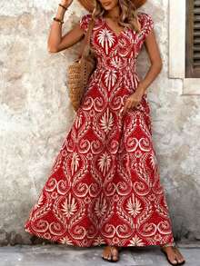 Balvessa Women's V-Neck Waist Cinched A-Line Long Dress, Floral Print On Red Background - Red - View 3