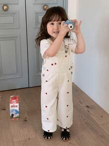 DAZY Infant/Toddler Girls' Heart Print Denim Bib Jumpsuit, Korean Style - White - View 3