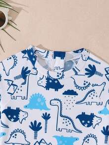 小男孩可爱恐龙印花插肩袖连体泳衣 - 藍白色 - 查看 4