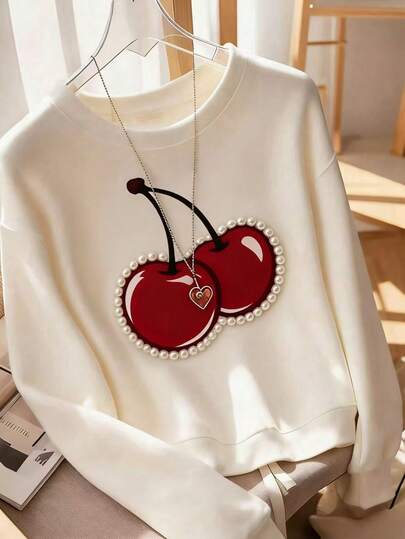 Resyla 大码女式休闲樱桃印花仿珍珠装饰圆领卫衣，适合日常、通勤、度假、春秋季穿着