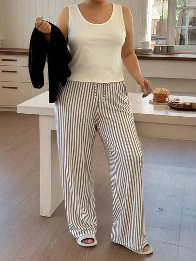 Dazy Plus 3pcs Solid Color Sleepwear Set - White Loose Camisole, Striped Long Pants, Plus Size Women