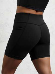 Black Athletic Shorts For Tween Girls, Featuring A Creative Paneled Construction With Functional Side Pockets, Made From High-Stretch Comfortable Fabric For Unrestricted Movement, Ideal For Cycling, Jogging, Yoga Sessions, And Versatile Training Activities - Black - View 2