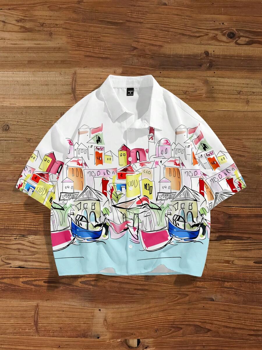Manfinity Joysei 男士夏季休闲度假涂鸦建筑印花宽松短袖衬衫 - 白色 - 查看 1
