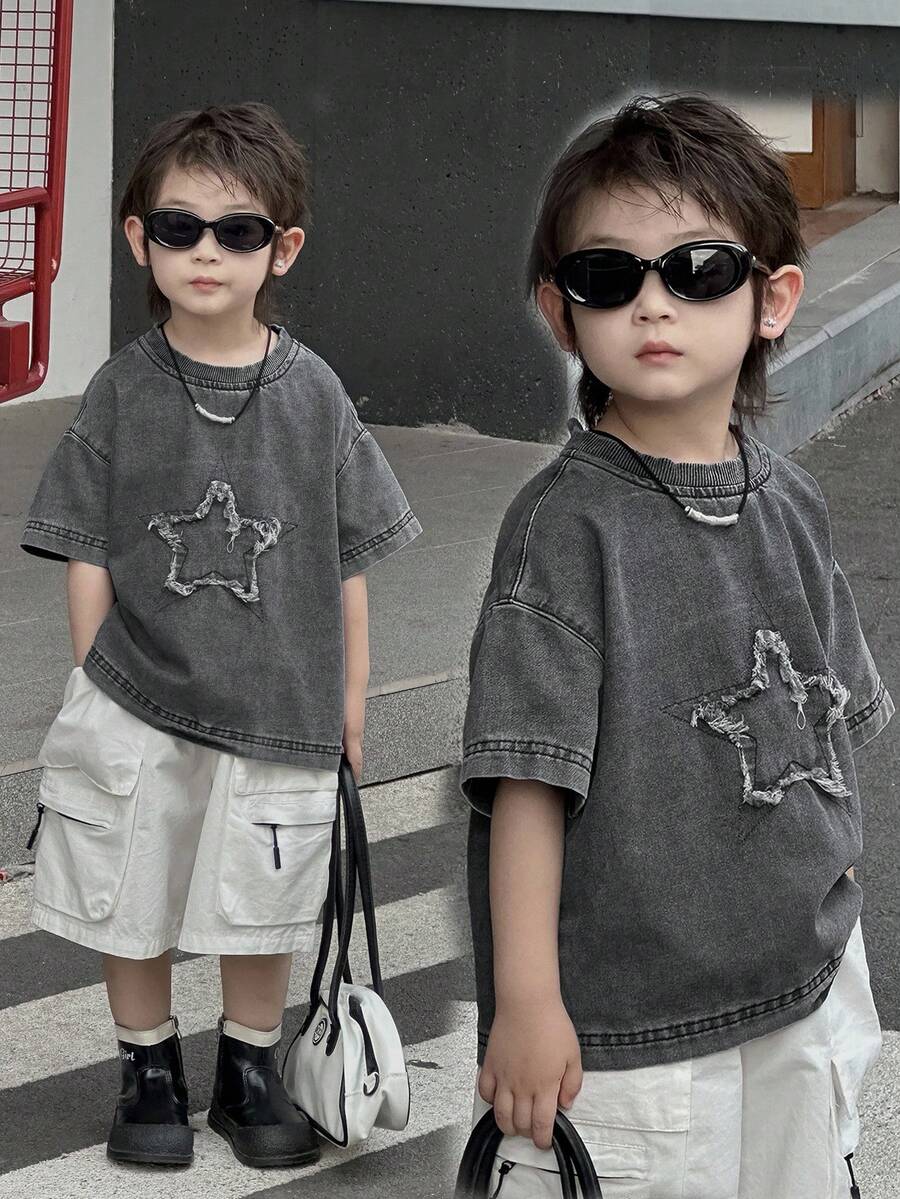Dazy Kids 幼儿男童宽松休闲牛仔T恤,星形图案,夏季 - 灰色 - 查看 1