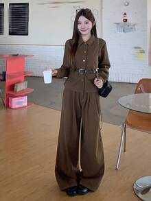 DAZY Women's Casual Solid Color Pocket Jacket And Wide Leg Jeans Set, Autumn/Winter - Brown - View 5