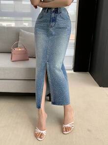 DAZY Women's Casual Rhinestone Embellished Straight Cut Slit Denim Skirt, Spring/Summer - Blue - View 7