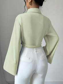 Selianne Women's Solid Color Turndown Collar Single-Breasted Twist Design Fashionable Versatile Daily Long Sleeve Shirt - Mint Green - View 2