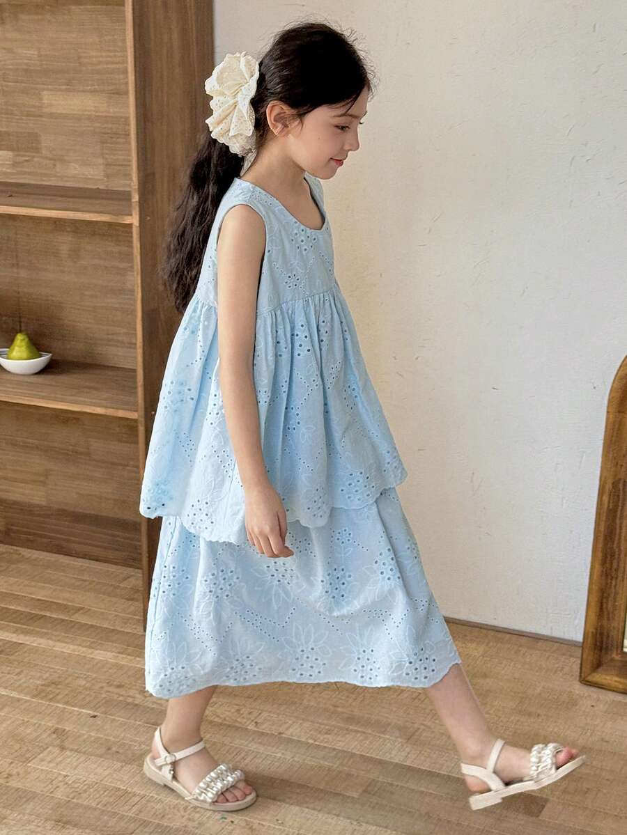 DAZY Tween Girls Round Neck Sleeveless Shirt & Skirt 2-Piece Set, Fall Outfit - Blue - View 1