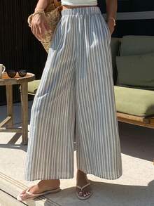 DAZY 女士优雅休闲撞色条纹弹力腰七分裤，卷边裤脚，适合春秋季穿着 - 藍色 - 查看 4