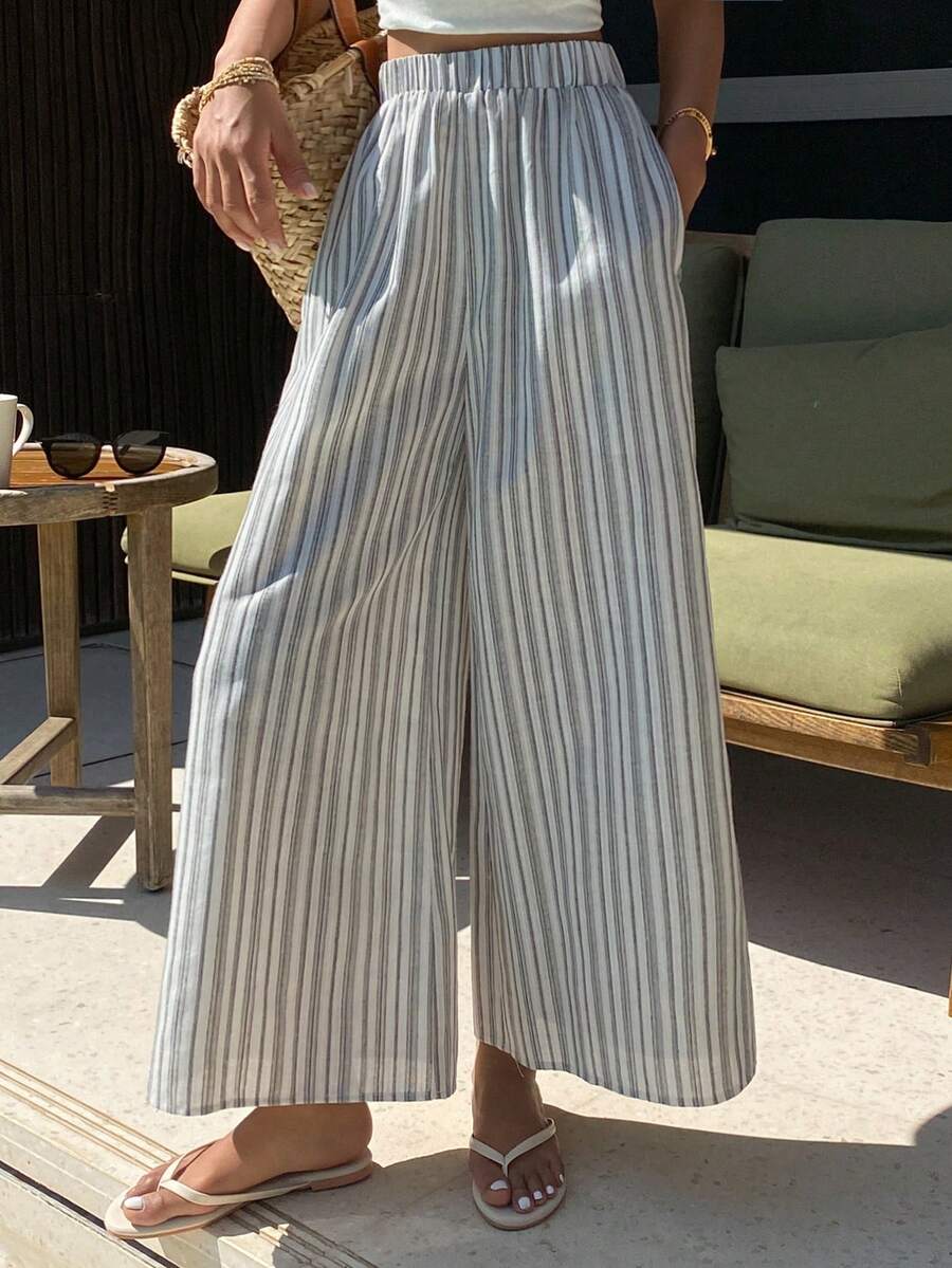 DAZY Quần lửng nữ thanh lịch, thoải mái, phối sọc tương phản, cạp chun, gấu quần xắn, thích hợp cho mùa xuân và mùa thu. - Màu xanh lam - Xem 1