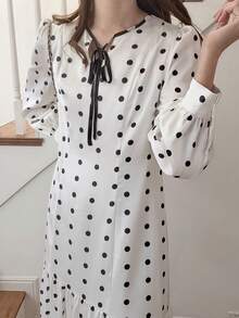 FRIFUL Women's White With Black Polka Dots Bow Tie Decor Round Neck A-Line Ruffle Hem Sweet Long Dress,Elegant Autumn Date Splice Fabric Waist Sundress - Black - View 6