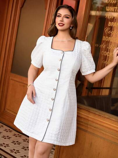 Auvina Plus Size Women's Elegant Textured Fabric Square Neck Puff Sleeve Contrast Binding Single-Breasted Cinched Waist Midi Dress, Suitable For Dates And Vacations