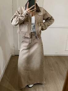 DAZY Áo khoác denim nữ có cổ PU và chân váy denim dài rộng rãi, thường ngày - Màu Khaki - Xem 3