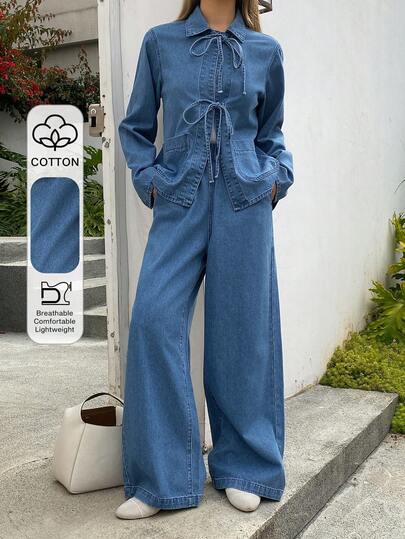 DAZY Women's Turndown Collar Tie-Up Loose Denim Jacket And Straight-Leg Jeans Casual Suit