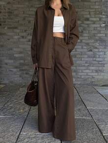 DAZY Women's Collared Side Tie Shirt And Loose Wide Leg Jeans Casual 2-Piece Suit