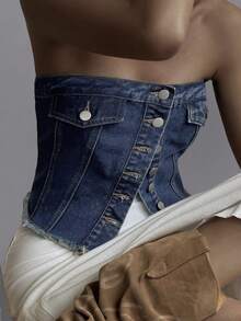 Livesso 女士短款牛仔背心，带大口袋，休闲街头风外套，适合春夏穿着，Y2K风格抹胸上衣 - 藍色 - 查看 9