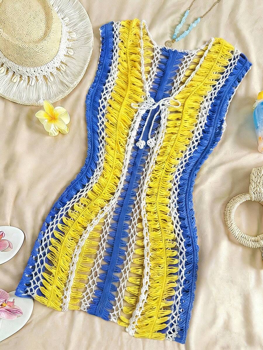 Lyxana Handmade Crochet Contrast Color Hollow Out V-Neck Tie-Up Fitted Mini Cardigan For Women - Multicolor - View 1