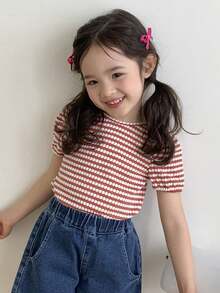 DAZY 少女圆领条纹针织蝴蝶结装饰短袖T恤，秋季夏季服装 - 彩色 - 查看 4