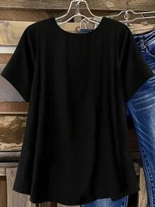 Linhara Plus Size Button Decor Round Neck Drop Shoulder Short Sleeve Casual Comfortable Linen Bohemian Style Shirt - Black - View 2