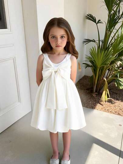 1pc Girls Cute & Elegant Big Bow Sleeveless Floral Puff Dress, Suitable For Daily, Vacation, Commute Wear, Summer