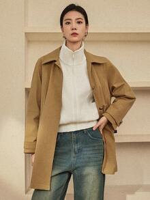 Dazy-Less 女士休闲皮夹克风衣，中长款，常规版型，适合秋冬季节，商务休闲女装外套 - 卡其色 - 查看 7