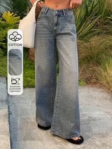 DAZY Women's Low Waist Rhinestone Embellished Straight Leg Casual Jeans Y2k - Medium Wash - View 1