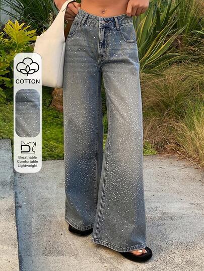 DAZY 女士低腰水钻装饰直筒休闲牛仔裤 Y2k