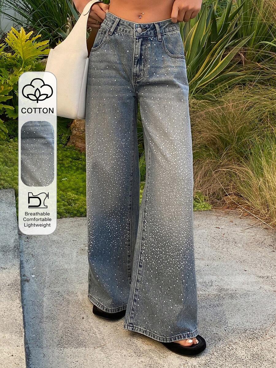 DAZY Women's Low Waist Rhinestone Embellished Straight Leg Casual Jeans Y2k - Medium Wash - View 1