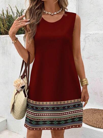 EMERY ROSE Geometric Print Bohemian Style Plus Size Women Casual Minimalist Sleeveless Round Neck Dress, Suitable For Summer Vacation Red