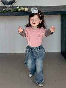DAZY Baby Girls Round Neck Contrast Color 2 In 1 Long Sleeve Top Toddler Girls Clothes - Pink - View 3