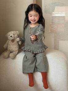 DAZY 2 pièces Ensemble de chemise et pantalon d'intérieur pour bébé fille, style coréen, col rond, carreaux, confortable - Noir et Blanc - Voir 6
