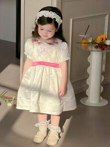 DAZY Baby Girl Summer Cute Vacation Style Floral & Butterfly Embroidery Puff Sleeve Waist Tie Dress - White - View 1