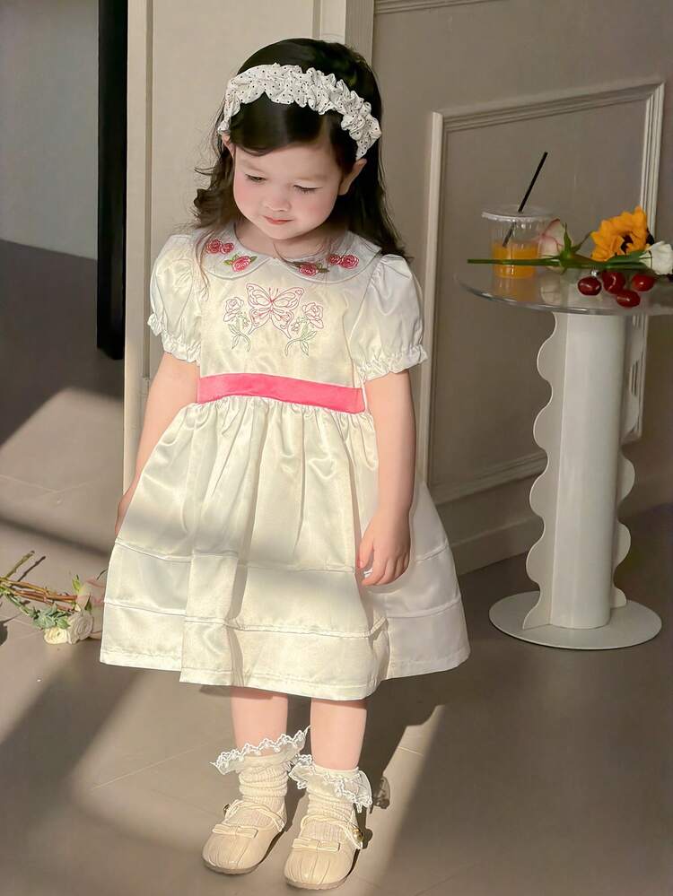 Baby Girl Summer Cute Vacation Style Floral & Butterfly Embroidery Puff Sleeve Waist Tie Dress Toddler Girls Clothes