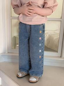 DAZY Toddler Girls' Korean Style Loose Washed Denim With Five-Pointed Star Embroidery - Blue - View 2
